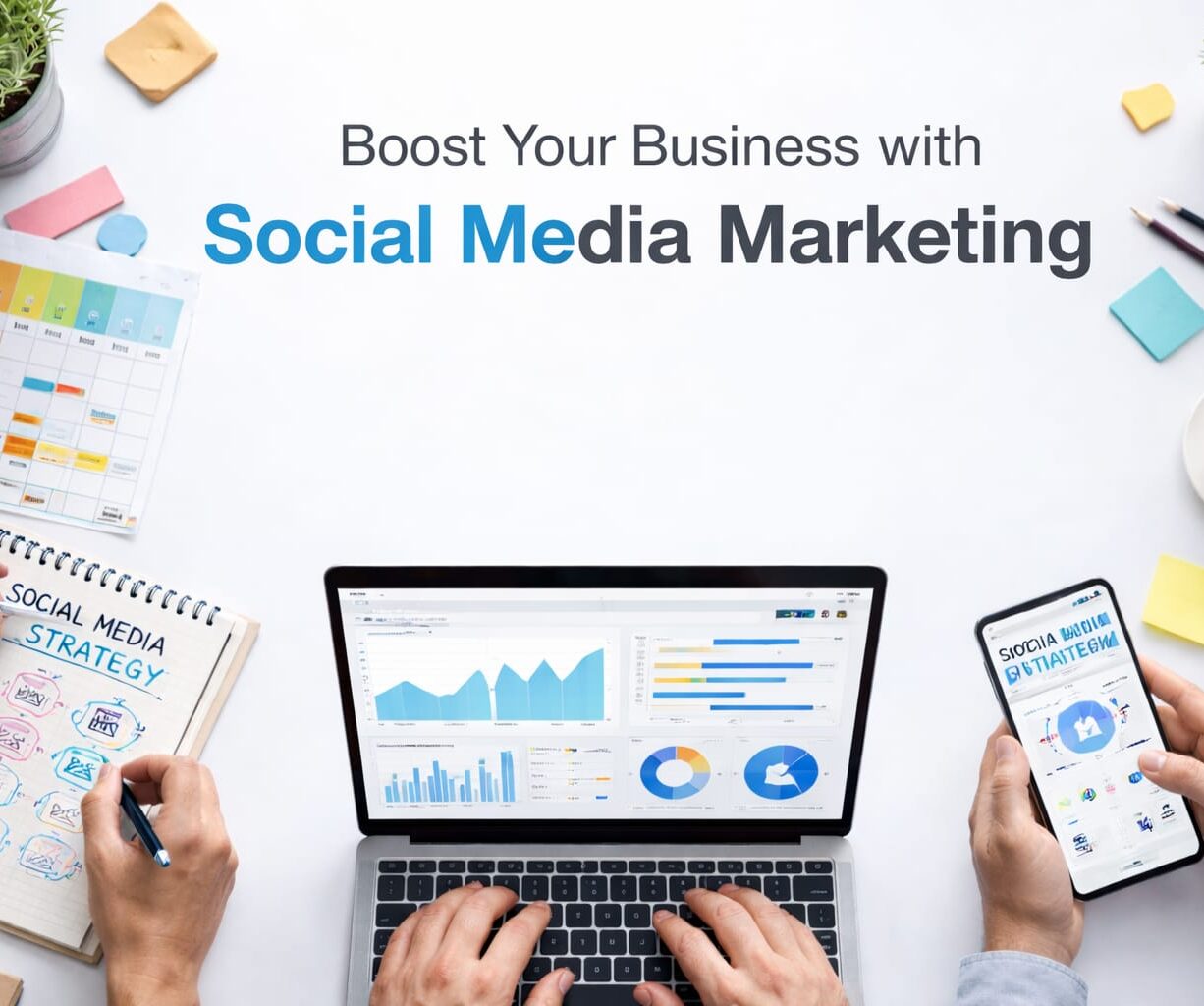 Social media marketing strategy with analytics, content planning and performance tracking for business growth
