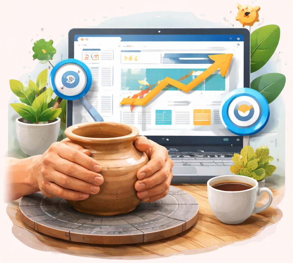 SEO and organic growth strategy visual showing search optimization, traffic growth, analytics, and long-term website ranking improvement